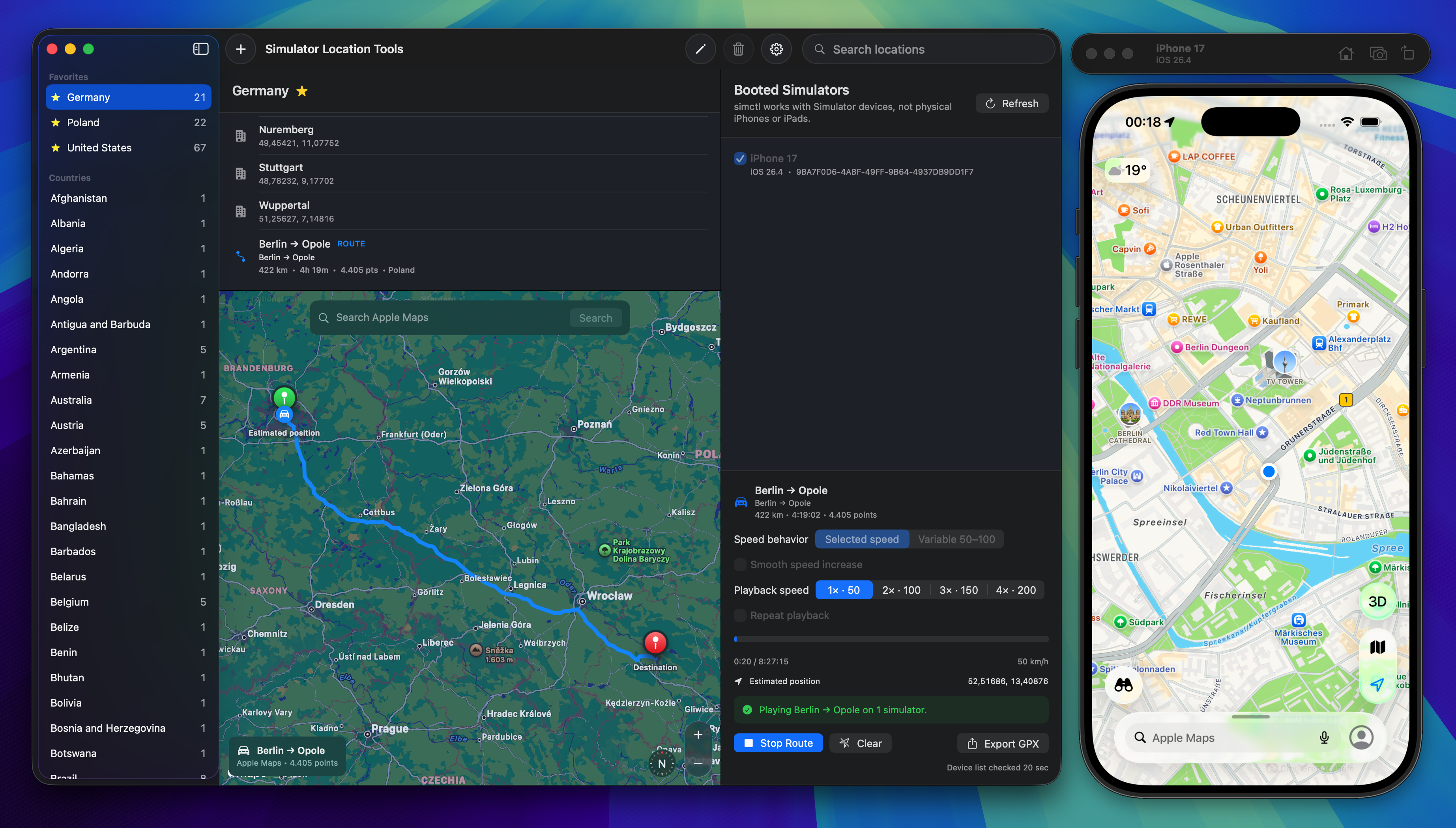 Simulator Location Tools route preview and playback controls