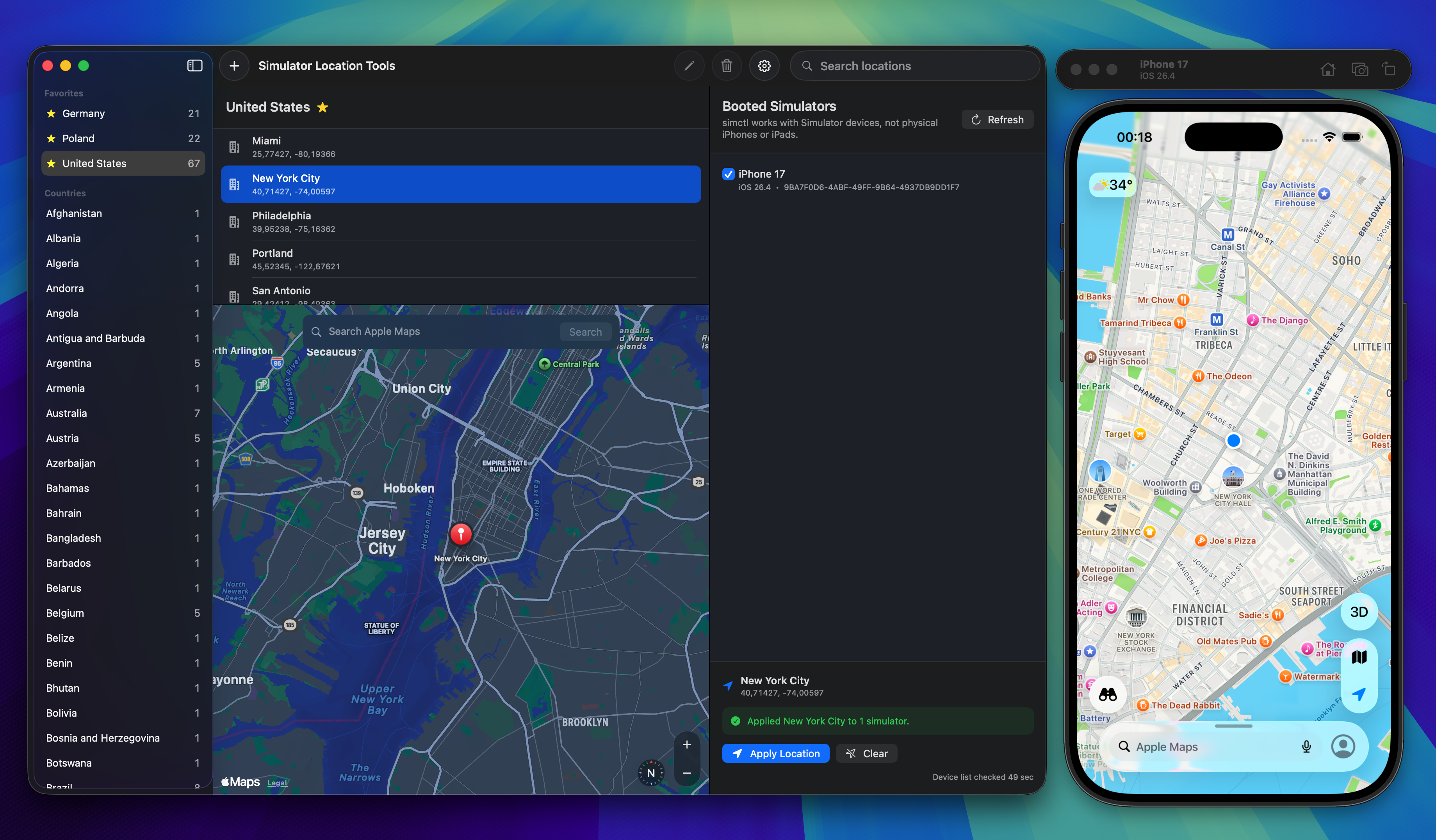 Simulator Location Tools location picker showing countries and cities